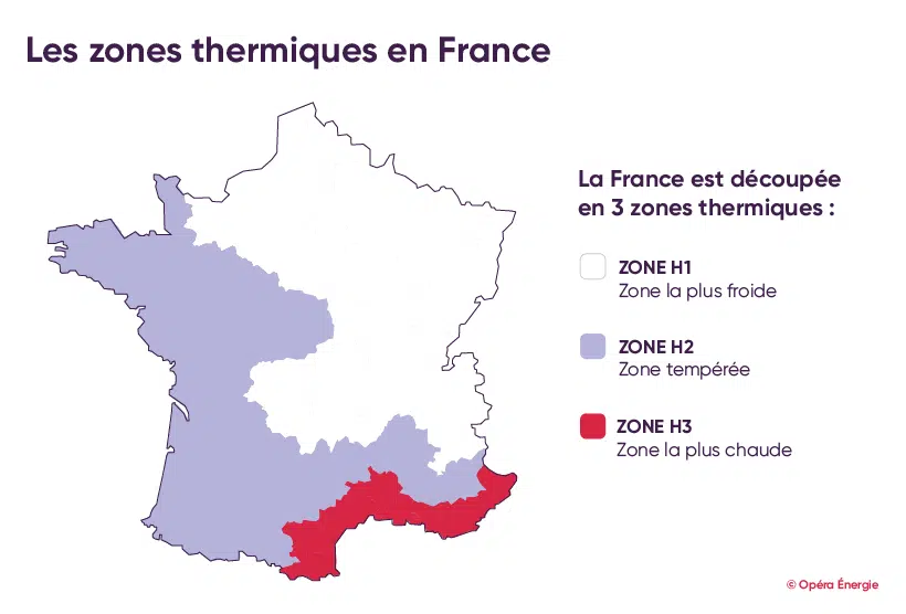 Carte de France indiquant les zones climatiques H1, H2 et H3 utilisées pour le calcul des aides aux Certificats d’Économies d’Énergie (CEE).